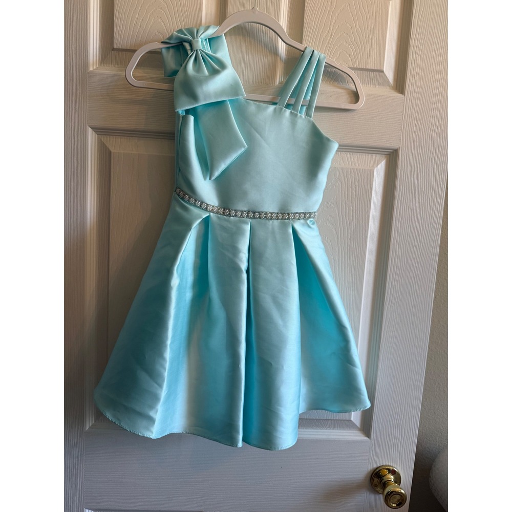 Rare Editions Girls Aqua Blue Satin Bow Formal Party Dress Size 7 E420724